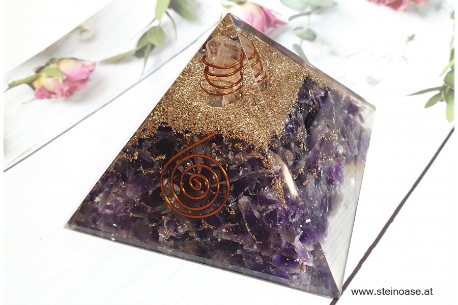 Orgonit Pyramide: Amethyst & Spirale & Herkimer Diamant, 60mm